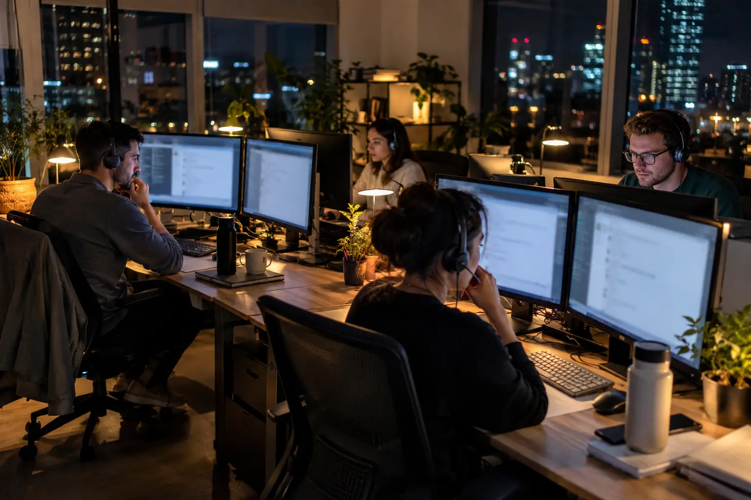 Four people with headsets work at desks with dual monitors showing blurred chat windows in an open-plan office at night