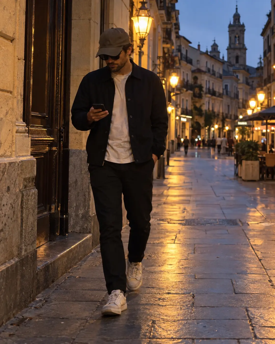 A man in a baseball cap and sunglasses walking down a European street at dusk, looking at his phone