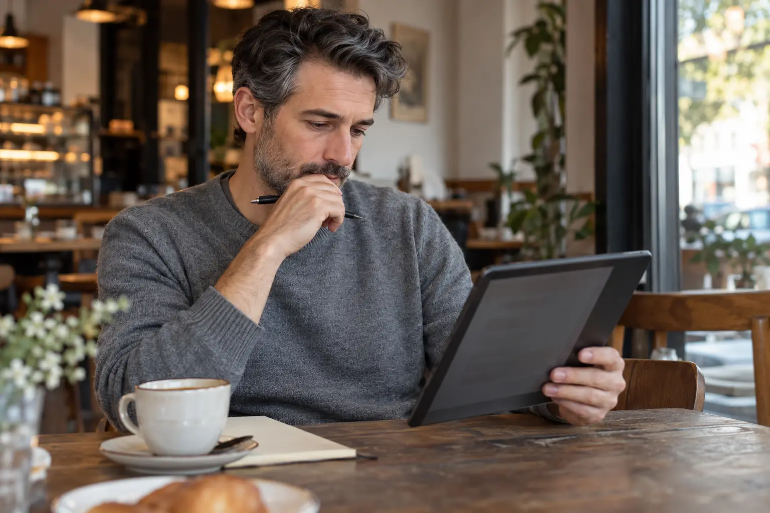 A man with salt-and-pepper hair in a gray sweater reads a document on a tablet at a café table, pen in hand