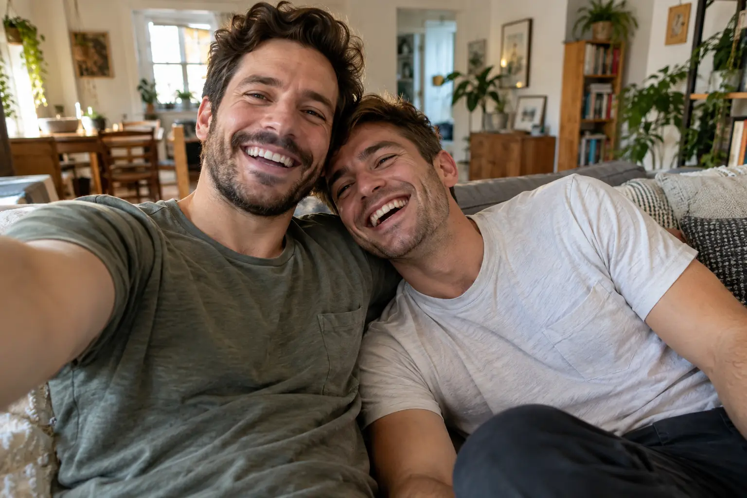Two men in their early thirties laugh together on a sofa while one of them holds up a phone to take a selfie