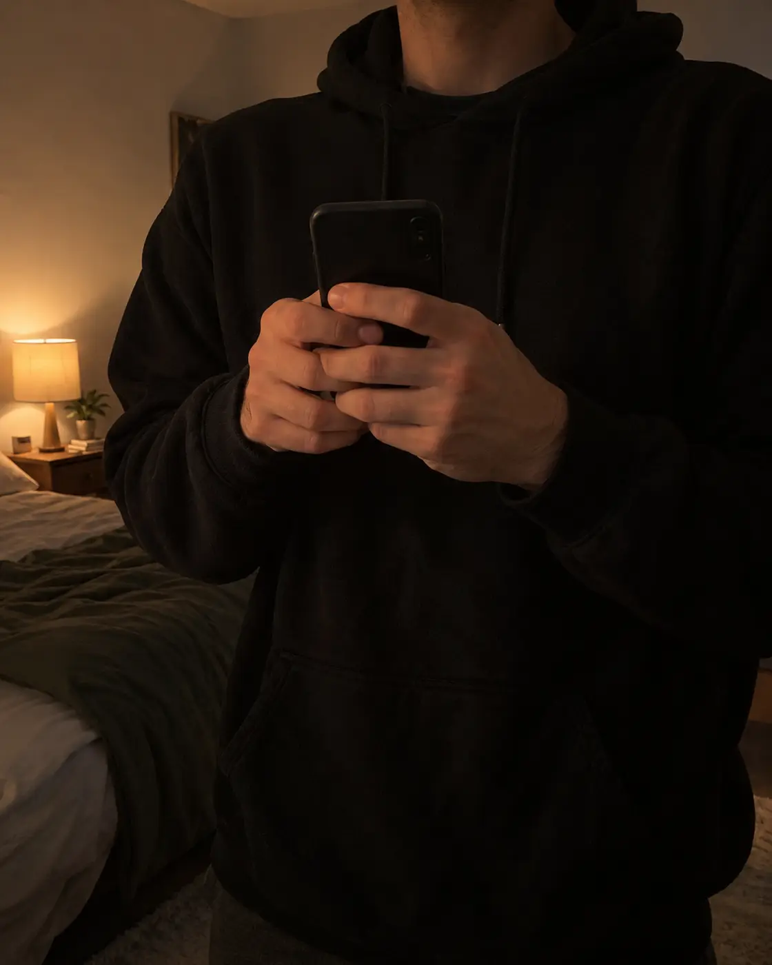 A man in a black hoodie, shown from the chin down, holds a phone at chest height in a dim bedroom lit by a warm lamp
