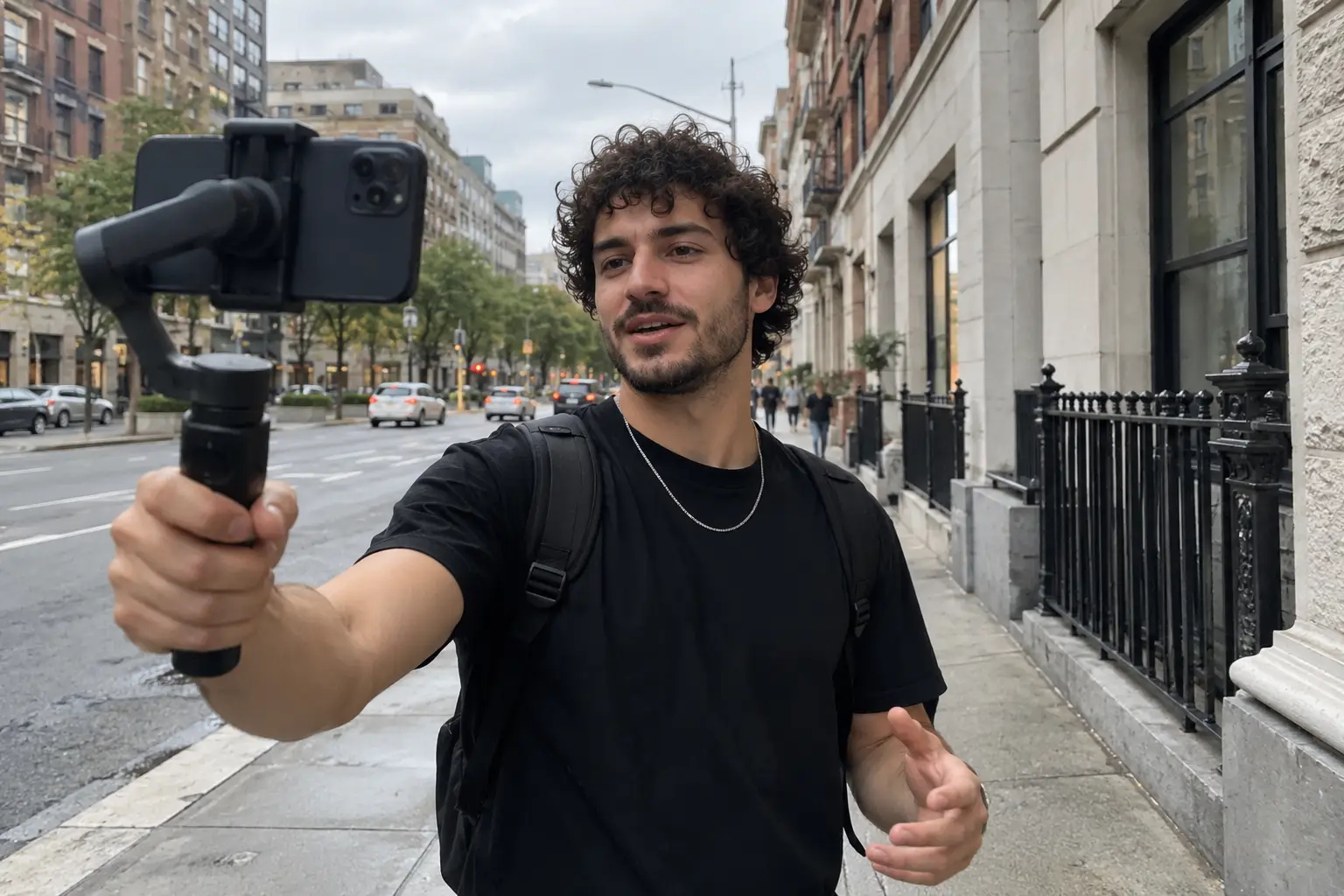 Uomo con i capelli ricci e maglietta nera che si riprende con lo smartphone su un piccolo gimbal in una strada di città