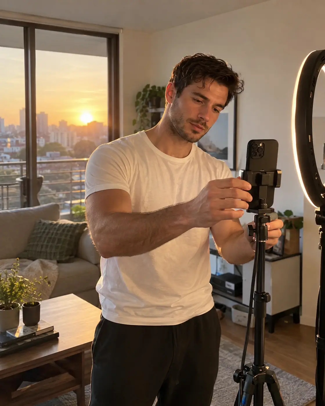 A man in a plain white T-shirt adjusts his phone on a tripod beside a ring light in a small apartment at golden hour