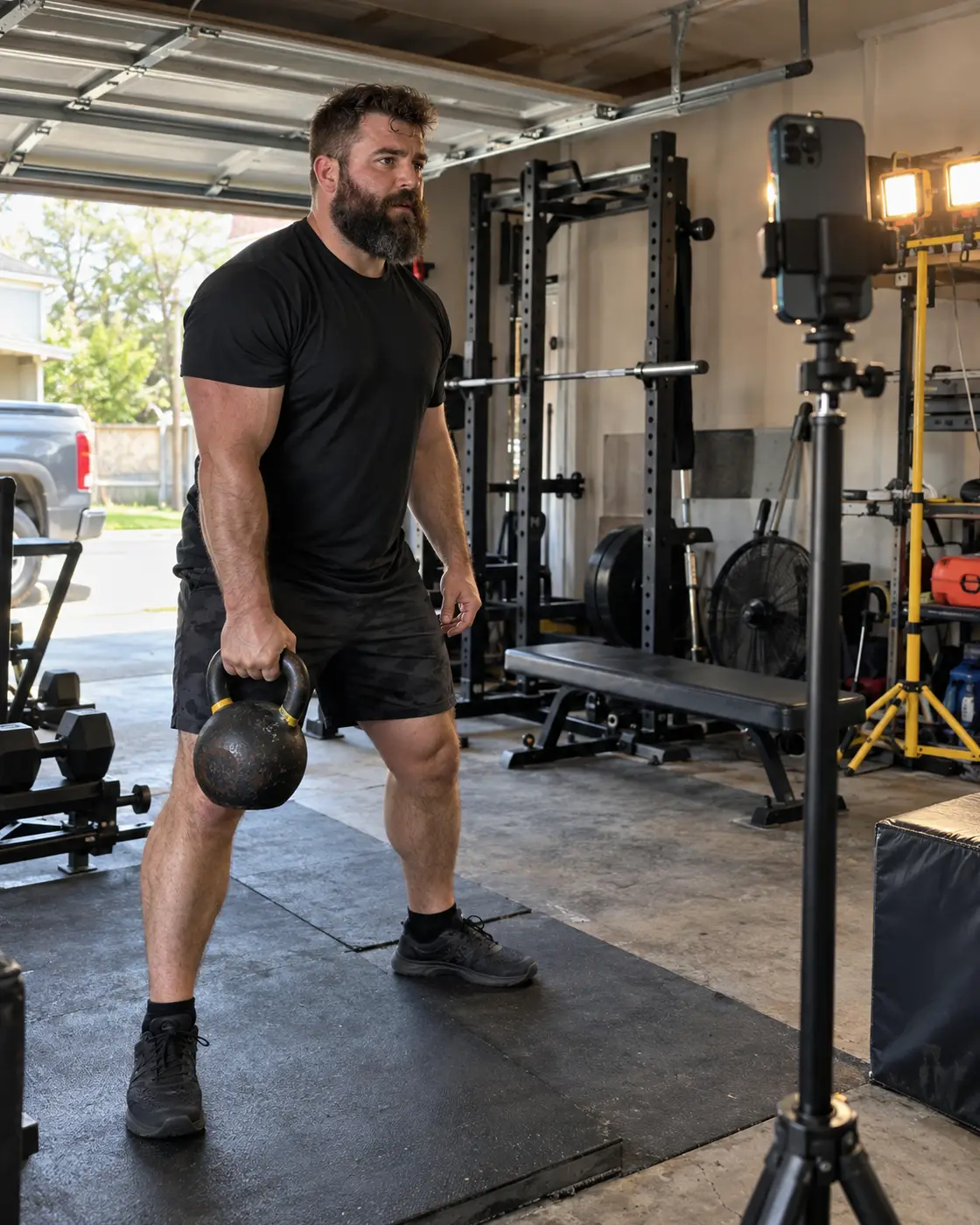 Homme barbu et costaud tenant un kettlebell dans un garage aménagé en salle de sport, pendant qu’un téléphone sur trépied filme la scène