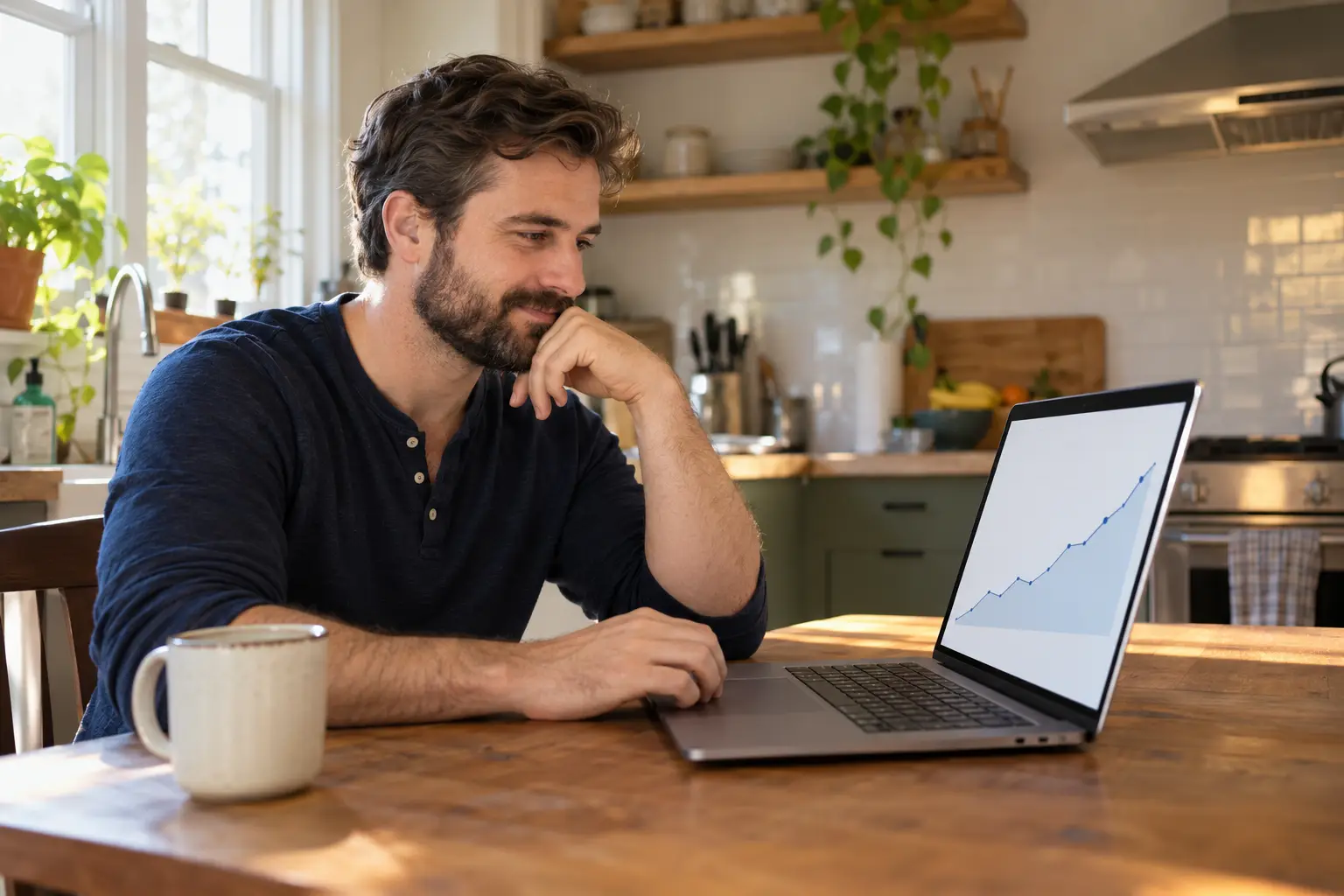 Morning light over a kitchen table where a bearded man checks a line chart on his laptop, a coffee mug at his elbow