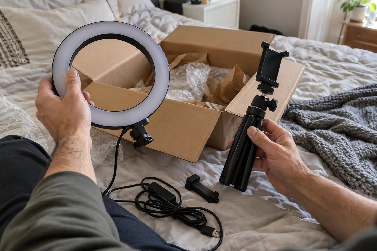 Hands unboxing a ring light and a phone tripod on a bed, with a cardboard box and loose cables in daylight