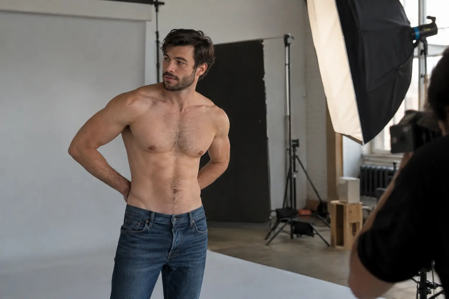A shirtless male model in jeans stands in a photo studio next to a softbox while a photographer’s silhouette frames the shot