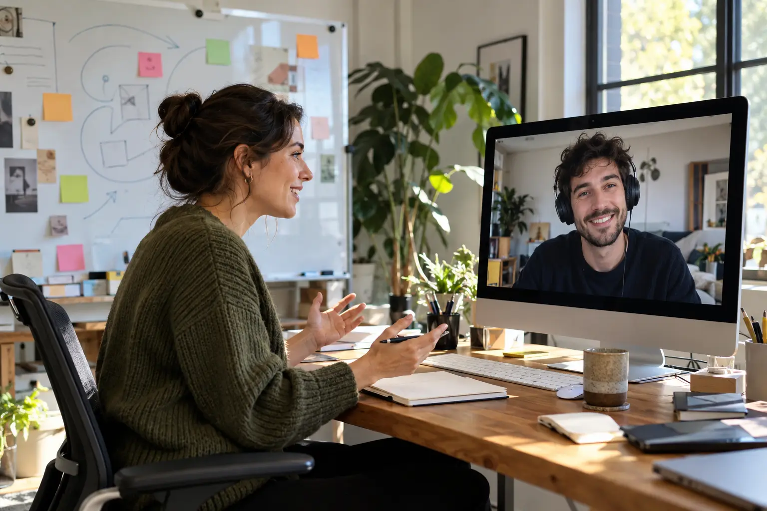 A woman in a bright office talks with a man on a video call shown on a large monitor, with strategy notes on the whiteboard behind her